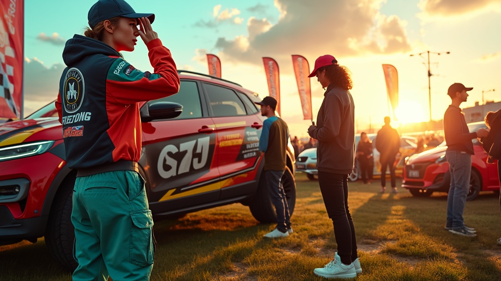Golden-hour motorsport festival atmosphere