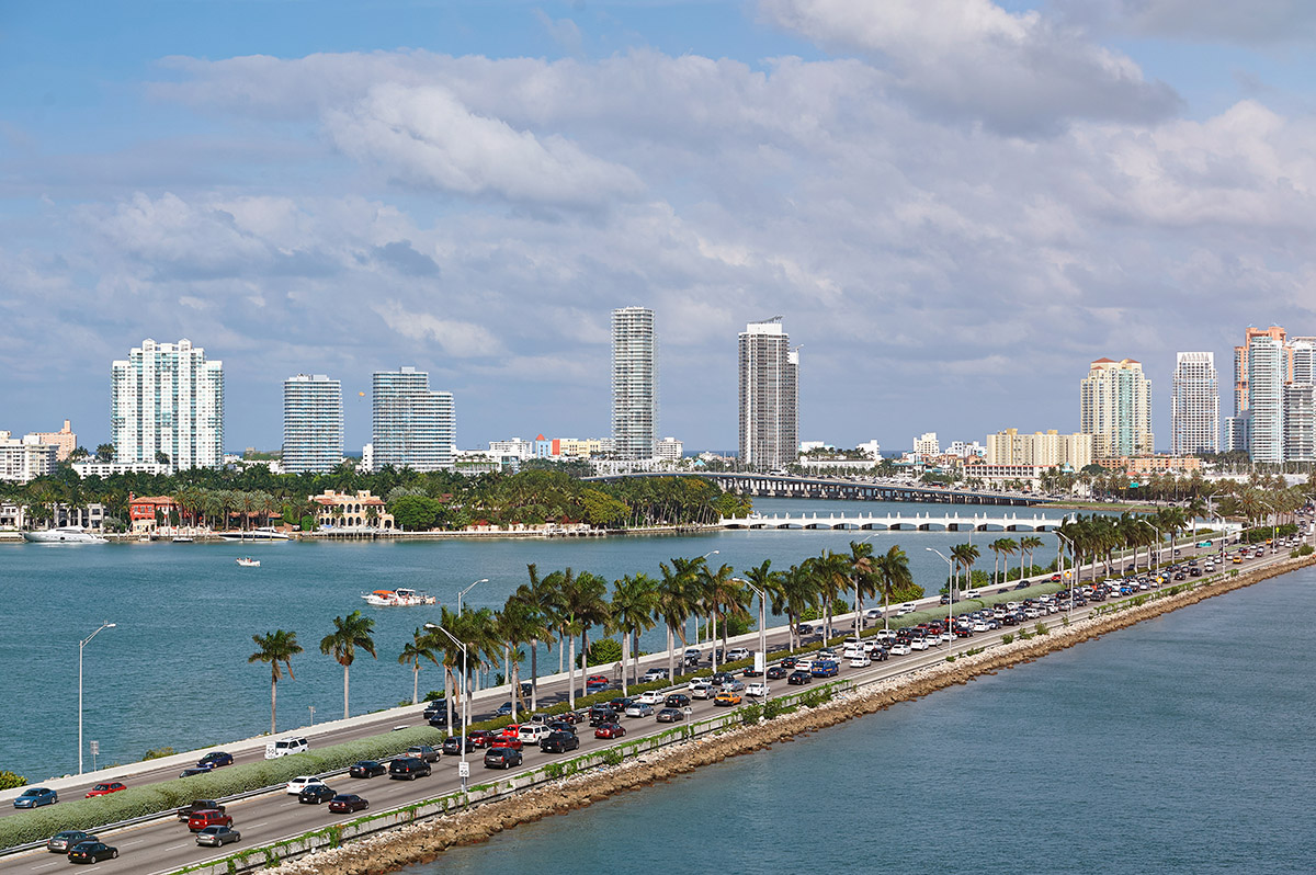 Miami panorama with car traffic